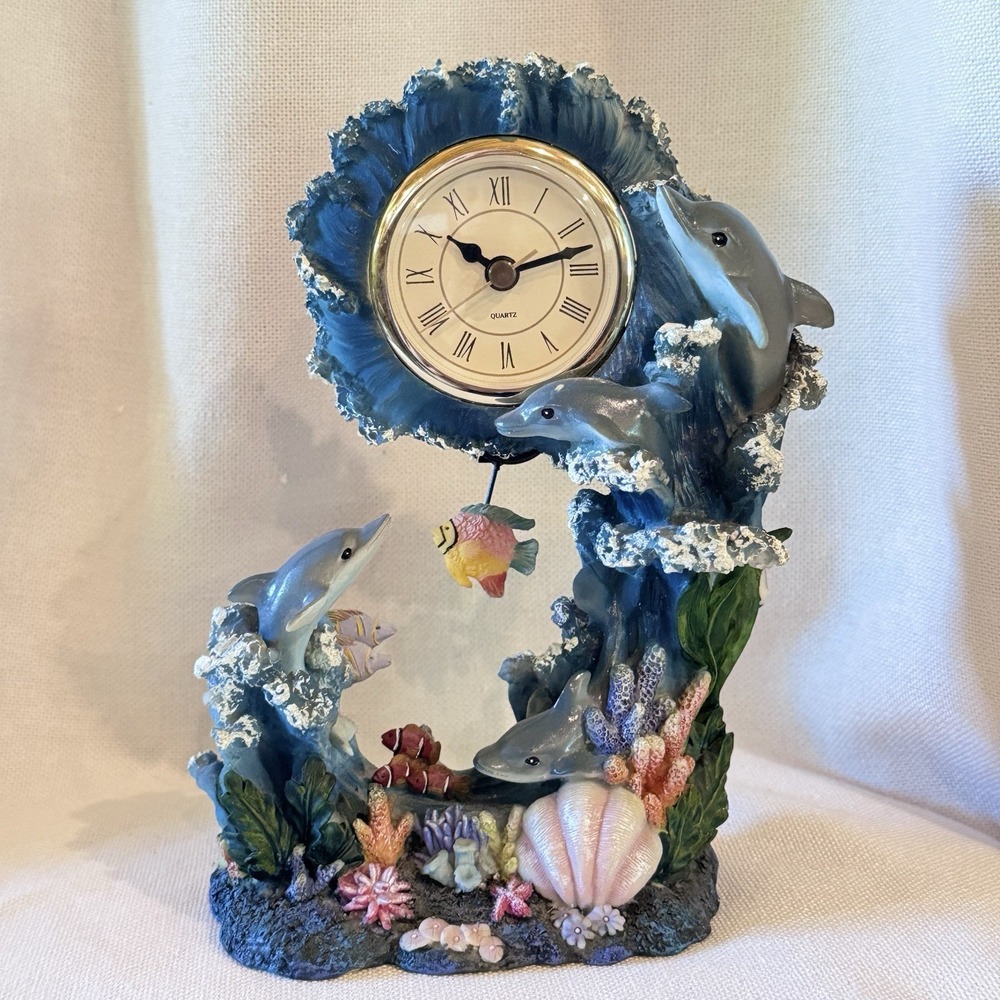 Dolphin Ocean Pendulum Clock Nautical Beach Decor Coral Fish Quartz Kitsch Swing